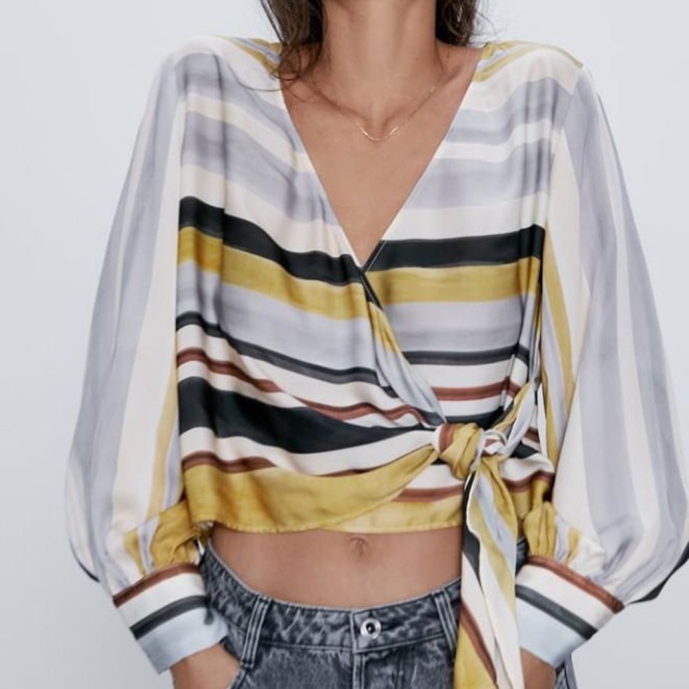 Zara Brushstroke Stripe Tie Front Wrap Top-NWT